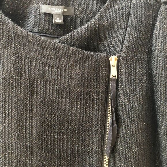 Ann Taylor Black Gold Metallic Wool Blend Tweed Jacket Asymmetric Zipper size 6 - Picture 5 of 8
